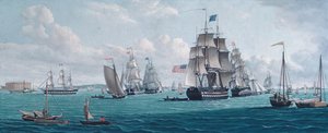 El barco estadounidense Franklin, con una vista de la bahía de Nueva York, 1820s o 1830s de Thomas Thompson