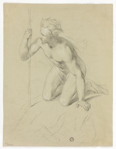 Hombre desnudo arrodillado, sosteniendo un bastón (anverso); Panorama alpino (reverso) de Thomas Uwins