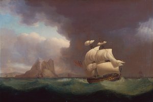 Un Two Decker y otros buques en Stormy Weather frente a Gibraltar de Thomas Whitcombe