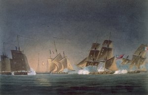 HMS Rinaldo enfrentándose a cuatro corsarios franceses, grabado por J. Bailey para 