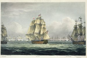 HMS Victory navegando hacia la línea francesa flanqueada por el Euryalus y HMS Temeraire en la Batalla de Trafalgar, 21 de octubre de 1805, grabado por T. Sutherland para 