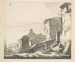 Escena de Pueblo con Mujer de Pie Junto a un Hombre Sentado, copia, siglo XVII de Thomas Wijck