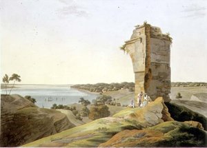 Vista desde las Ruinas del Fuerte de Currah, en el Río Ganges, lámina XXI de Parte 4 de 