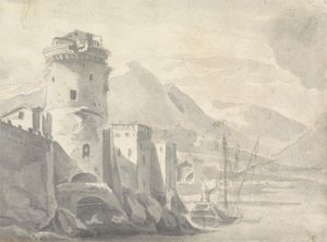 Edificios fortificados que se elevan abruptamente desde la orilla de un río (¿en Italia?) con un barco en el centro y montañas lejanas. de Thomas Wyck