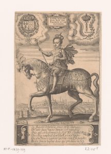 Retrato de Luis XIII a caballo, con una vista de París al fondo de Thomas de Leu