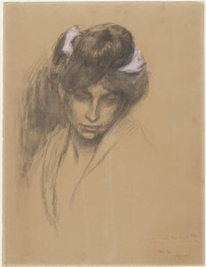 Cabeza de niña oscura, mirando al frente, con una cinta púrpura envuelta en el pelo de Théophile Alexandre Steinlen