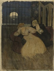 Un caballero con falda intenta persuadir a una dama dudosa en un sofá de Théophile Alexandre Steinlen