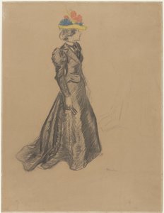 Dama de pie, vestida de negro y con cola, y sombrero de paja de colores con flores de verano de Théophile Alexandre Steinlen