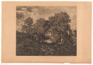 Vista del bosque de Fontainebleau con una figura cerca de un estanque
Une Mare - Forêt de Fontainebleau (título en el objeto). de Théophile Chauvel