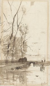 Vista del canal con árboles altos, una granja y un puente de Théophile de Bock (possibly)