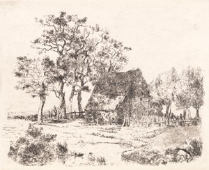 Una casa con techo de paja entre árboles de Thorald Læssøe