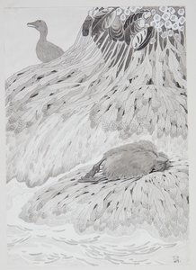 Un eider y un pájaro muerto en la orilla de Thorolf Holmboe