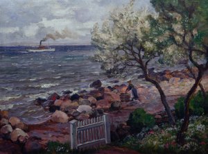 Paisaje de verano con puerta de jardín y mujer (óleo sobre lienzo)