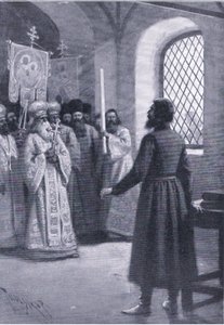 Boris Godunov en retiro en el monasterio suplicado para aceptar su elección como Zar, ilustración de Hitos en la Historia Europea publicada por Gresham Publishing Co, c.1920 (litografía) de Thure de Thulstrup