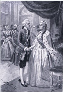 Encuentro de Catalina II de Rusia y José II de Austria, ilustración de Hitos en la Historia Europea publicada por Gresham Publishing Co, c.1920 de Thure de Thulstrup