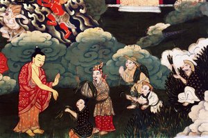 Ofreciendo manojos de hierba, escenas de la vida de Buda Shakyamuni de Tibetan School