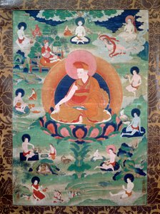 El Lama Rdo Rje Grags Pa, que vivió en el siglo XI, rodeado por sus seguidores, pintura, civilización tibetana de Tibetan School