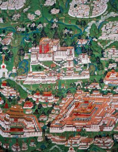 La ciudad de Lhasa y el Potala, grabado en color de Tibetan School