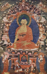 Imagen del Templo Tibetano de Buda entronizado, siglo XVIII, reproducido en The Outline of History: being a plain history of life and mankind por H.G. Wells, Londres de Tibetan School