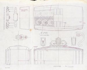 Un dibujo de diseño para un centro de exposición de Tiffany & Co. y dos candelabros de tres luces, hecho para la Feria Mundial de 1939, c.1939 de Tiffany and Company
