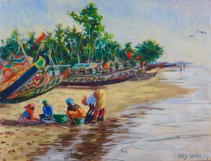 Vida en la playa, Abene Senegal, 2024 (óleo sobre lienzo) de Tilly Willis