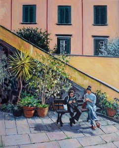 On The Bench, 2023 (óleo sobre tabla) de Tilly Willis