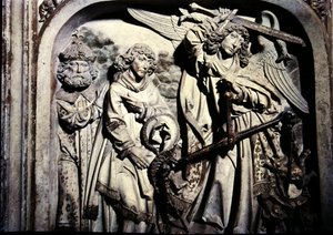 Tumba de Enrique II (973-1024) y su esposa Cunegunda, (detalle) del pesaje del corazón de Enrique II en presencia de San Lorenzo de Tilman Riemenschneider