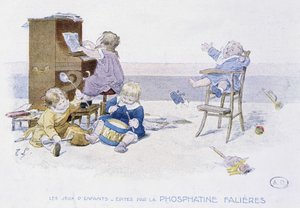 Juegos infantiles: niños tocando varios instrumentos musicales - dib. de Lobrichon, ed. por Phosphatine Falières, c.1920 de Timoleon Marie Lobrichon