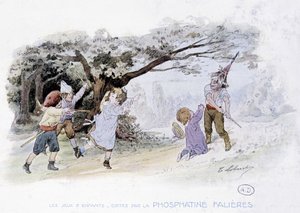 Juegos infantiles: niños jugando a la guerra, soldados - dess. de Lobrichon, ed. por Phosphatine Falières, c.1920 de Timoleon Marie Lobrichon