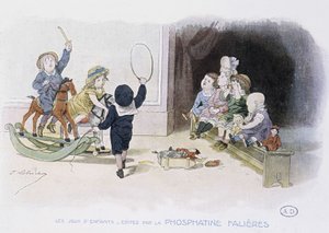 Juegos infantiles: niños con diferentes juguetes (aro, caballo de balancín, muñecas...) - dibujo de Lobrichon, ed. por Phosphatine Falieres, c.1920 de Timoleon Marie Lobrichon