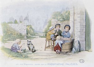 Juegos infantiles: el juego de pescar en un cubo - dib. de Lobrichon, ed. por Phosphatine Falieres, c.1920 de Timoleon Marie Lobrichon