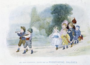 Juegos infantiles: procesión de bodas, niños disfrazados de novias - dibujo de Lobrichon, ed. por Phosphatine Falières, c.1920 de Timoleon Marie Lobrichon