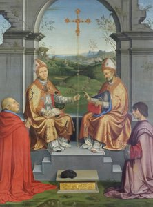 Los santos Tomás Becket y Martín de Tours adorados por el obispo Giovanni Pietro Arrivabene y su sobrino Giacomo de Timoteo Viti