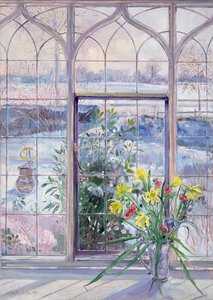Narcisos y reloj de sol contra la nieve de Timothy Easton