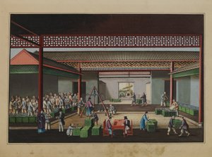 Pesando y comprando té, c.1860 (acuarela sobre papel) de Tinqua