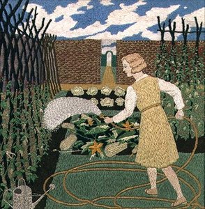 Una mujer regando el jardín (costura)