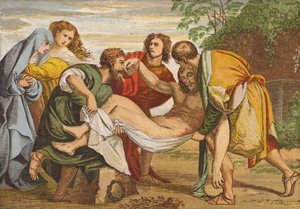 José de Arimatea deposita el cuerpo de Jesús en su propia tumba (litografía en color)