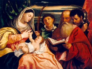 Virgen con el Niño y los santos Esteban, Jerónimo y Mauricio (óleo sobre lienzo) de Titian (c.1488 1576) (after)