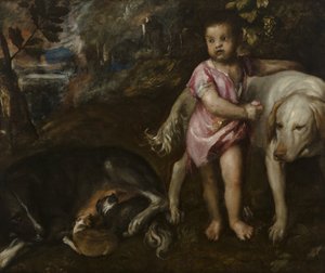 Niño con perros en un paisaje