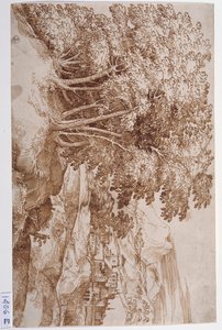 Paisaje con árboles a la izquierda y una ciudad al fondo (pluma y tinta sobre papel)