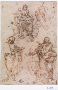 Virgen con el Niño sentados en las nubes con santos o apóstoles (pluma y tinta sobre papel) de Titian (c.1488 1576)
