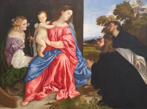 Conversación sagrada, con los santos Catalina y Domingo y el donante, c.1533 (óleo sobre lienzo) de Titian (c.1488 1576)