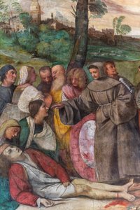 San Antonio atando el pie a un joven, Escuela del Santo, detalle de 2197268 (fresco) de Titian (c.1488 1576)