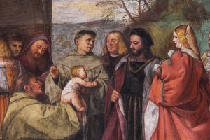 El Niño proclamando la inocencia de la Madre, muro norte, Escuela del Santo, detalle de 2195188 y 2195385 de Titian (c.1488 1576)