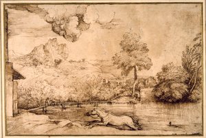 Paisaje: un caballo sin jinete perseguido por una serpiente de Titian (c.1488 1576)