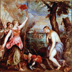 España en ayuda de la Religión: alegoría de la victoria de las tropas del Papa Pío V (incluida España) sobre la flota del Imperio Otomano en la batalla naval de Lepanto en 1571. Una mujer desnuda (religión) es salvada por un guerrero que representa a Españ