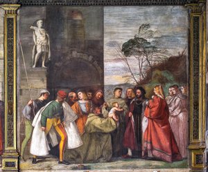 El Niño proclamando la inocencia de la Madre, la Muralla Norte, Escuela del Santo, detalle de 2195188 de Titian (c.1488 1576)