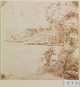 Vista de una costa montañosa (tinta sobre papel)