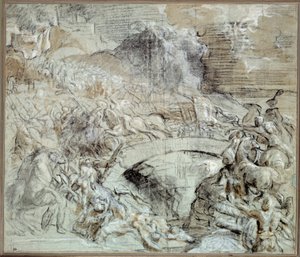 Guerras de Italia: “La Batalla de Cadore” Batalla que en torno a 1508 la ciudad de Pieve di Cadore se alió con los venecianos contra las tropas de Maximiliano I de Habsburgo. Dibujo con piedra negra y lavado por Tiziano Vecellio (1485-1576) llamado Tiziano de Tiziano Vecelli
