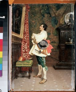 "Before a Portrait" (Antes de un retrato) Un hombre, vestido con el uniforme de un mosquetero del siglo XVII, admirando una pintura (su propio retrato) Pintura de Tito Conti (1842-1924) Museo de Arte Mikhail Kroshitsky, Sebastopol (Sebastopol) Ucrania de Tito Conti